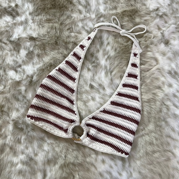 Aerie White and Brown Halter Crochet Bikini Top - Picture 2 of 6